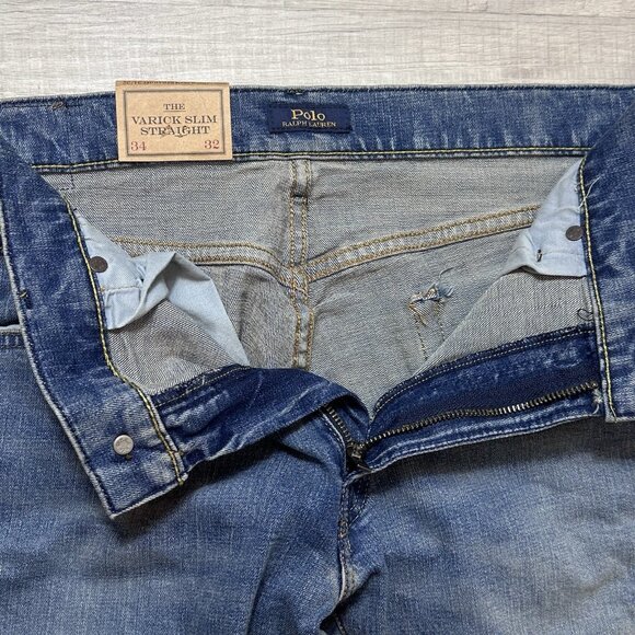 Polo Ralph Lauren Men’s Varick Slim Straight Distressed Jeans Blue Size 34x32 - Picture 4 of 7